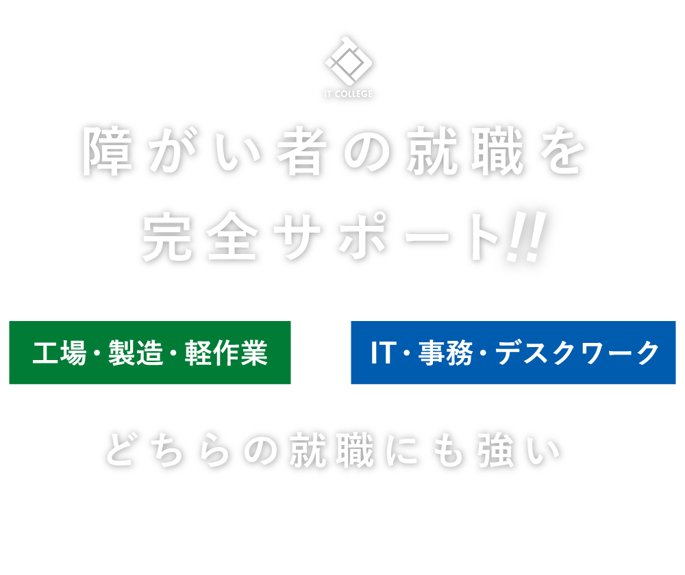 障がい者の就職を完全サポート!!工場・製造・軽作業／IT・事務・デスクワーク、どちらの就職にも強い